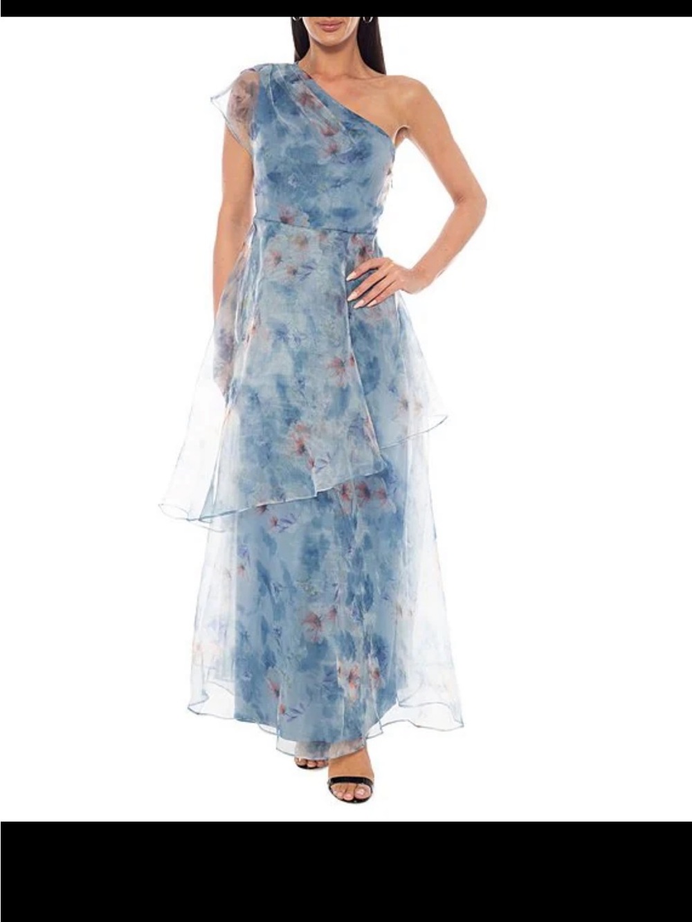 Oleg Cassini One-Shoulder Floral Print Organza Layered Gown